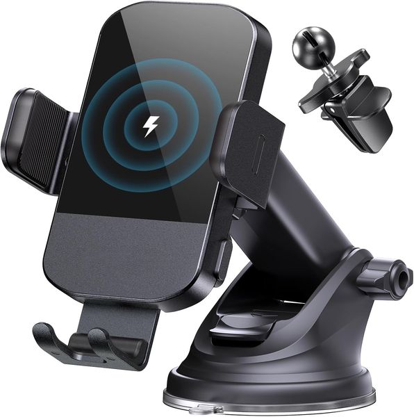 15W Fast Wireless Car Charger Auto Clamping Phone Mount Holder for iPhone 16 15 14 13 12 Pro Max Samsung S24 Ultra S23 S22 S21 Black