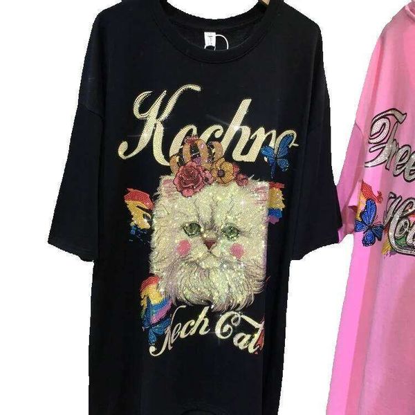 Plus Size 150kg Heavy Embroidered Rhinestone Kitten Short Sleeve T-Shirt for Women Summer New Versatile Top Trendy