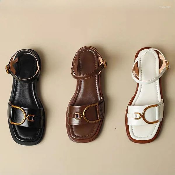 Sandals Open Toed For Women In Summer Square Toe Brown Versatile Anti Slip Low Heel Shoes Retro Onepiece Strap Women's 0011
