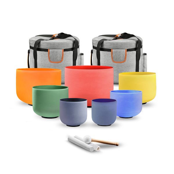 7 Chakra Colored 432Hz Crystal Singing Bowl Set-7-12 Inch Frosted Quartz Sound Therapy Bowls for Meditation, Yoga & Reiki-Includes Suede Mallets, Padded Case & O-Rings