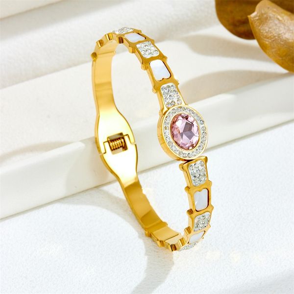 2025 Trendy Stainless Steel White Shell Pink/Yellow Crystal Bangles Elegant Waterproof Non-fading for Women Gifts Classic Jewelry