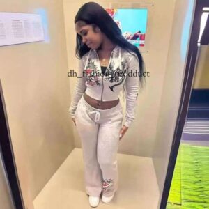 edhardyly Womens Tracksuit Pattern Letter Print Fashion edhardypants Sports Spring Summer Slim Short Zip Hooded Sweatshirt Casual Loose Sweatpants Two Piece Set 0