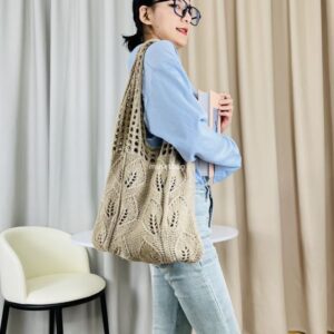 New leaf shaped handbag from Japan and South Korea large capacity tote bag solid color crossbody bag knitted bag hollowed out bag single shoulder bag woven bag