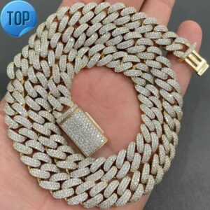 AAA GEMS 12MM Moissanite Cuban Link Chain 18K Gold Over Silver Iced Out Chain 3 Rows Men Hip Hop Cuban Link Necklace