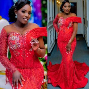 Red Mermaid Prom Dresses 2025 Lace Beaded Full Sleeves Sheer Neck Evening Formal Party Second Birthday Engagement Gowns Plus Size Dress For Special Occasions