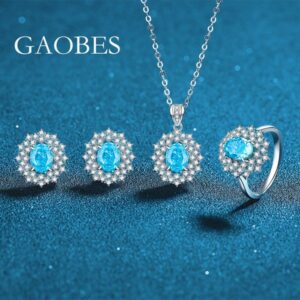 925 Sterling Silver Aqua Blue Moissanite Jewelry Set with Necklace, Earrings, and Ring, High Carbon Diamonds for Women