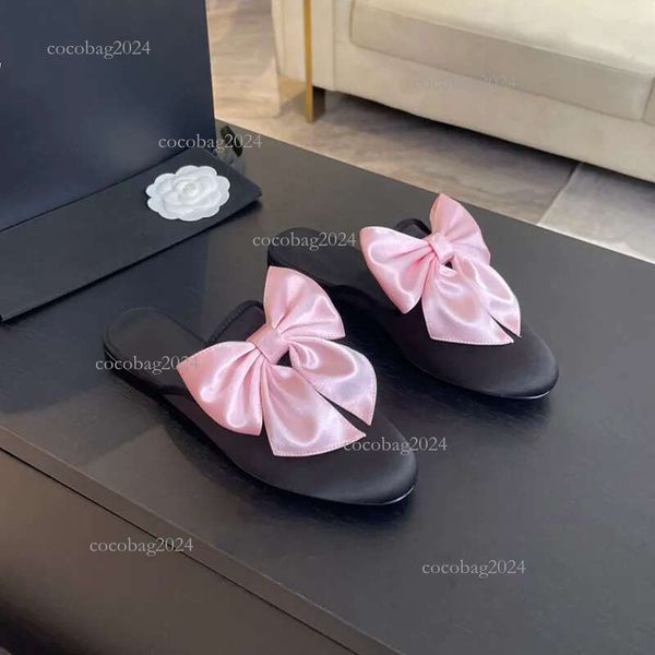 Designer Ladies Round Head Half Pack Silk Sequin Bow Sheepskin Flat Slipper Holiday Shoes Outdoor Beach Flip-ps