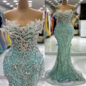 2024 Aso Ebi Sage Mermaid Prom Dress Beaded Crystals Luxurious Evening Formal Party Second Reception 50th Birthday Engagement Thanksgiving Gowns Dresses ZJ102