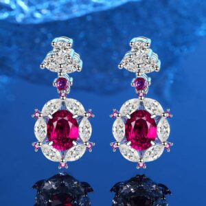 Hot Sale S925 Sterling Silver Simulated Pigeon Blood Ruby 7x9mm Stud Earrings, Long Drop Earrings for Women, Elegant Luxury Jewelry