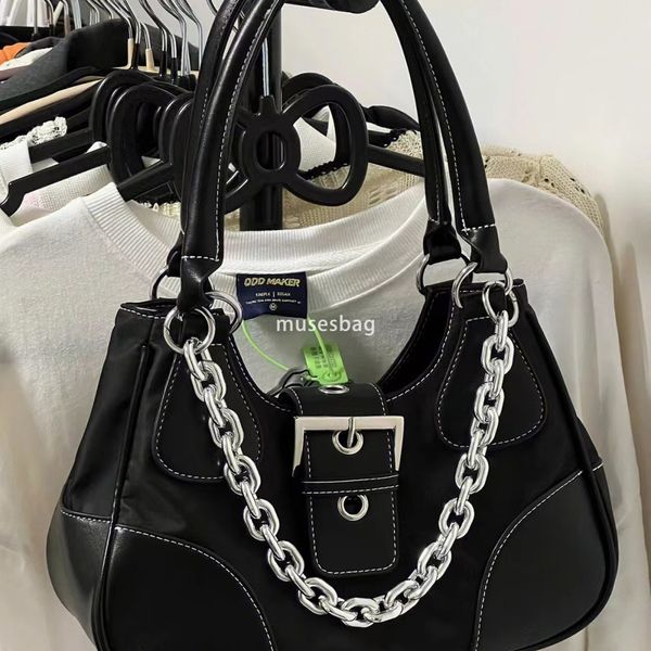 High end vintage bag sweet and cool underarm bag patent leather canvas bag metal chain spicy girl bag women's one shoulder crossbody bag