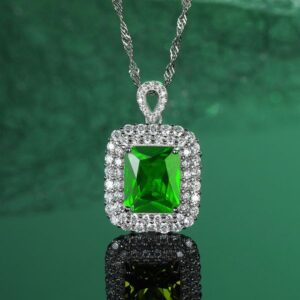 Luxurious Green Gemstone Pendant Necklace with Full Diamond Detailing, Crafted in S925 Silver, Stylish and Elegant Jewelry for Women, Perfect for Any Occasion.