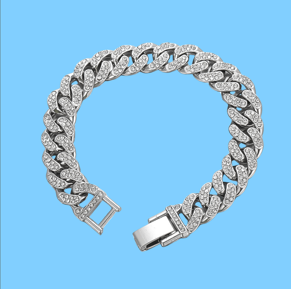 Simple and fashionable full-diamond Cuban bracelet, in the style of Instagram, hip-hop trend, unique and individualistic men's and women's titanium and steel bracelet.