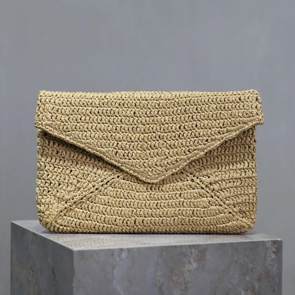 Latest Summer CASSANDRE LARGE ENVELOPE POUCH Luxury Designer Straw Genuine Leather Clutch Bag Golden Hardware Handbag Fashion Women Casual V