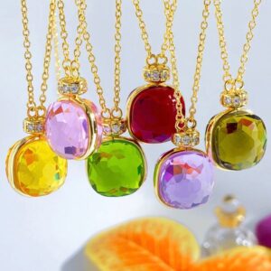 Luxury Faceted Crystal Pendant Necklace Candy Color Double-Sided Design Gold Plated Brass with Transparent Artificial Gemstones 43cm+2.4cm Chain