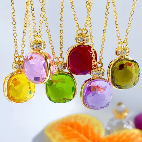 Luxury Faceted Crystal Pendant Necklace Candy Color Double-Sided Design Gold Plated Brass with Transparent Artificial Gemstones 43cm+2.4cm Chain