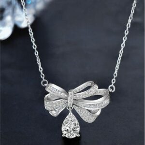 Elegant Bowknot Moissanite Necklace with Teardrop Pendant, S925 Sterling Silver Chain for Women, Romantic Gift for Qixi or Anniversary