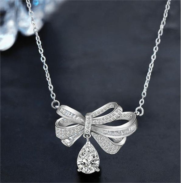 Elegant Bowknot Moissanite Necklace with Teardrop Pendant, S925 Sterling Silver Chain for Women, Romantic Gift for Qixi or Anniversary
