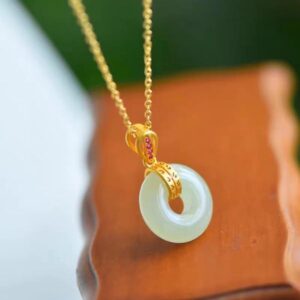 Peaceful Round Jade Pendant Necklace 18K Gold Plated Jewelry