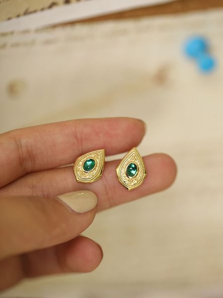 Court Retro Luxury style 925 Silver Teardrop Emerald Ear Stud Simple Gems Mini Earring Fashion Minimalism Jewelry Set Bijoux Gift