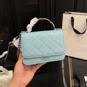 Designer Ladies Square Blue Flap Bag Enamel Letters Decoration Handle Caviar Leather Gold Silver Hardware Shoulder Metal Chain Lovely Cross Body Handbag 15x10cm