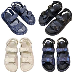 Top leather sandals luxury women's designer shoes plaid leather slippers calf jelly color platform shoes summer beach circular hoop&loop flat heel non slip open toe