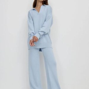 0059 Women Sweater Yoga Outft Suits Two Piece Autumn Winter Polo Neck Knitted Pullover Wide Leg Pants Jogger Suit Gym Tracksuit