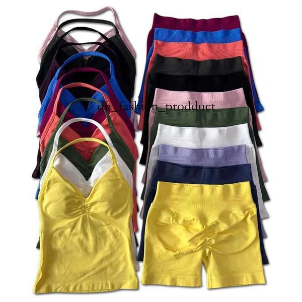 dfyn shorts womens 2pcs Impact Gym Set Womens Backless Tank Top High Waist Threaded Seamless Shorts Gym Set W250410 b32