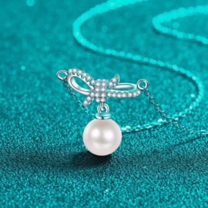 925 Sterling Silver Moissanite Pearl Bow Collarbone Necklace Minimalist Sweet Cute Girl Pendant