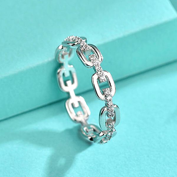 925 Sterling Silver Hollow Geometric Ring with Diamonds, Non-Tarnish, Chain Design, Trendy Women's Jewelry - European & Instagram Style