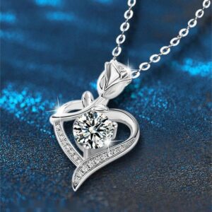 925 Sterling Silver Heart Shaped Rose Pendant Necklace for Women with Moissanite Diamond – High-End Look