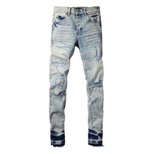 Men's Jeans Faded Blue Distressed American Streetwear High Stretch Skinny Button Fly Ripped Holes men jeans