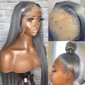13×4 Straight Silver Grey Human Hair Wigs For Women Gray Transparent HD Lace Frontal Wig Glueless Colored Synthetic Wig Preplucked