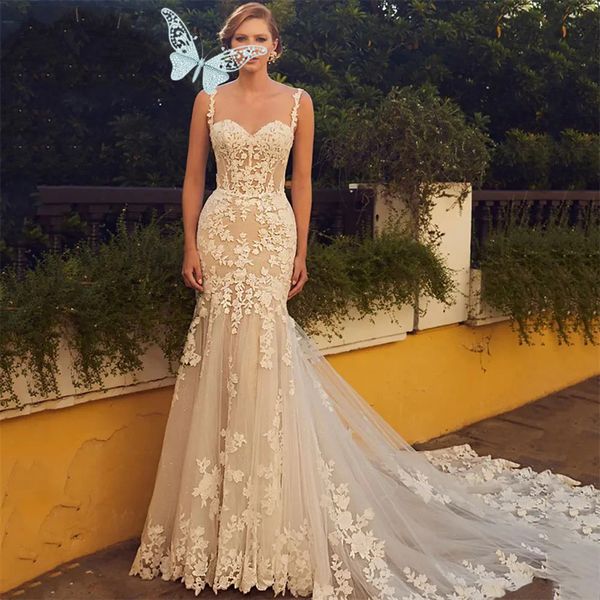 Elegant Sweetheart Wedding Dress Spaghetti Straps Lace Appliques Zipper Back Floor Length Bridal Gown Vestido de Novia