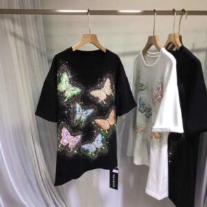 1.0-150kg Plus Size New Heavy Embroidered Rhinestone Butterfly Round Neck Fashionable Slimming Short Sleeve T-Shirt for Women Trendy