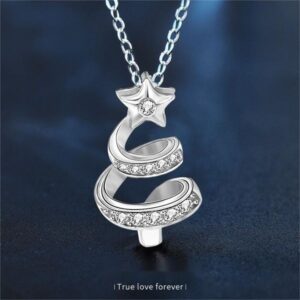 925 Sterling Silver Christmas Tree Necklace with Star Pendant | Holiday Jewelry Gift for Women | Cute Zircon Inlay Collarbone Chain
