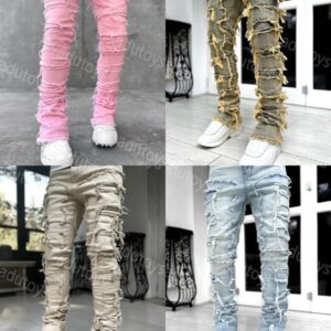 Designer Ksubi Men's Loose Pants High Waist Mens Jeans stack Ripped Retro Paint Spot Patch Hole Denim Motorcyc Stretch Silm Hip Hop jeans size 28-40