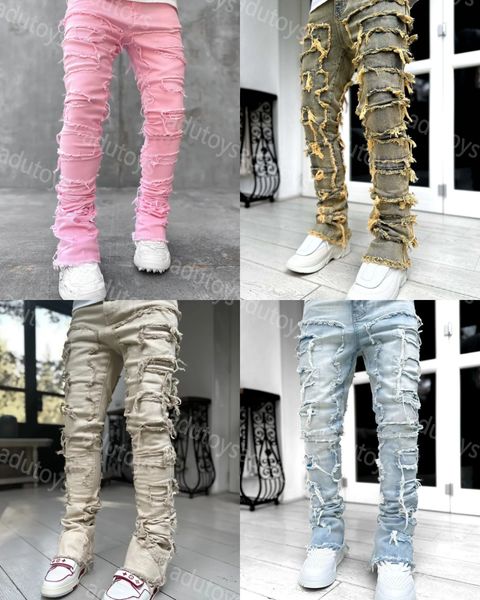 Designer Ksubi Men's Loose Pants High Waist Mens Jeans stack Ripped Retro Paint Spot Patch Hole Denim Motorcyc Stretch Silm Hip Hop jeans size 28-40