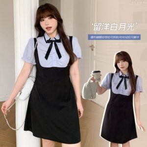 B437 College Style Contrast Color Pleated Fake Two-Piece Summer Large Size Fat mm Design Sense Waist Polo Neck Dress