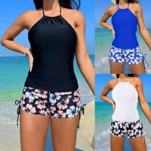 3 colors women tankini modest swimsui sleeveless halter neck tops two piece swimwear floral print boyshor lady bathing sui casual beach wear tieside