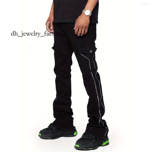Men's Jeans Arrival Spring Black Stacked Side Zipper Spliced Baggy Denim Hip Straight Sweatpants Male Outdoor Clothing 2bc