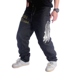 European and American trendy men's loose straight skateboard trousers embroidered flower wings hip-hop clothing hip-hop jeans black plus size