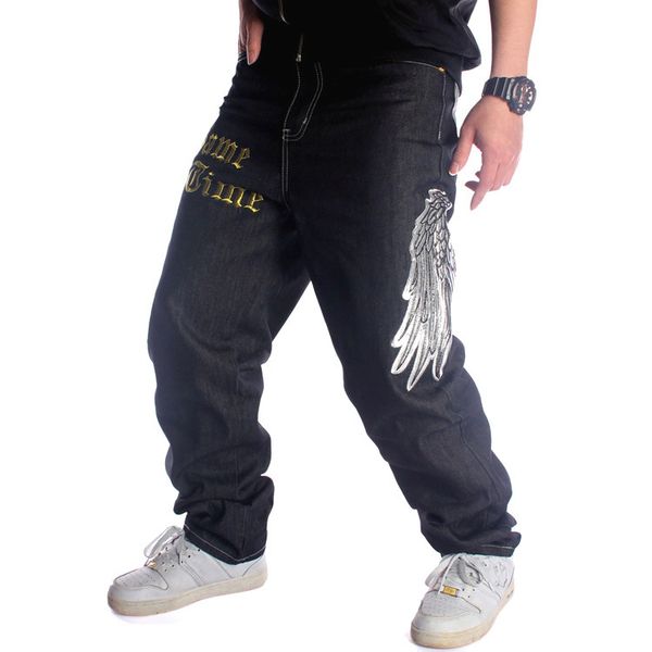 European and American trendy men's loose straight skateboard trousers embroidered flower wings hip-hop clothing hip-hop jeans black plus size