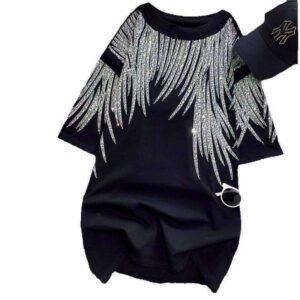 Plus Size 150kg Heavy Print Rhinestone Feather Wing Short Sleeve T-Shirt Man Black Age-Reducing Versatile Top Trendy tshirtsformen
