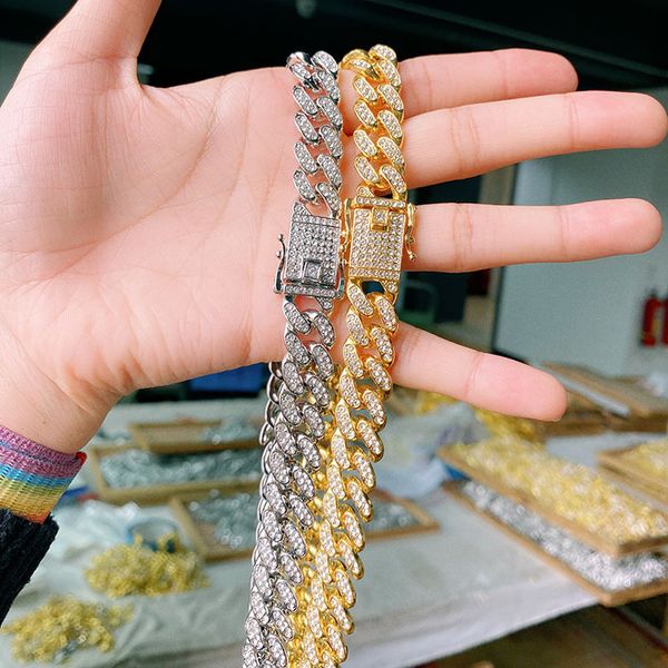 Golden Hip-Hop Style Oval Alloy Beaded Diamond Necklace for Men - Hip-Hop Cuban Chain Trendy Men's Jewelry