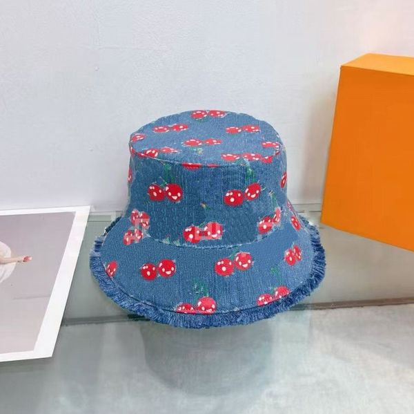 Cowboy Cherry Hat Foldable Hatwide Brim Hats Designer Women Visitor Travel Jeans Bucket Hat Denim Fitted Flanging Bonnet Fisherman Sunhat Cap Sunscreen Farm Hat 01