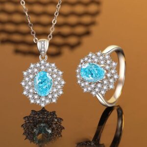 S925 Sterling Silver 4-Carat Ice Flower Cut Moissanite Aqua Blue Pendant and Ring Set, High-Carbon Diamond Jewelry for Women