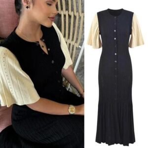 Chic Patchwork Knitted Maxi Dress For Women elegant Short Sleeve Hollow Out Ribbed Long Dresses O-Neck High Waist Lady Knitwear 240828