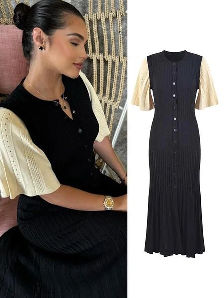 Chic Patchwork Knitted Maxi Dress For Women elegant Short Sleeve Hollow Out Ribbed Long Dresses O-Neck High Waist Lady Knitwear 240828