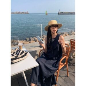 B433 New Loose Vest Dress Women Fashion Simple Versatile Slim Ramie Long Skirt