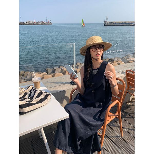 B433 New Loose Vest Dress Women Fashion Simple Versatile Slim Ramie Long Skirt